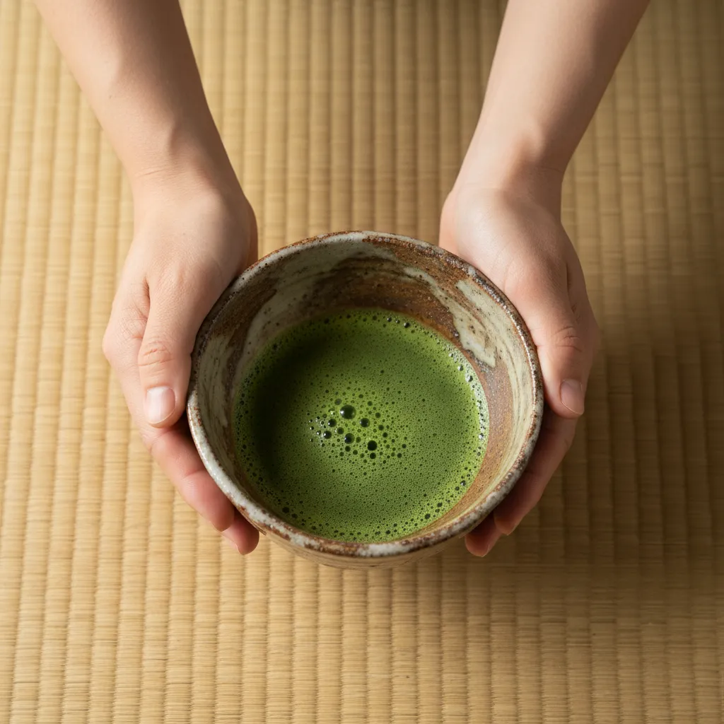 Hands holding a rustic ceramic tea bowl filled with bright green matcha