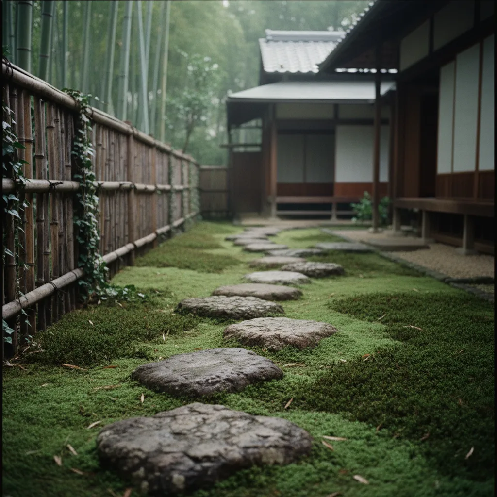 Stone stepping path through a moss garden leading to a traditional Japanese tea room