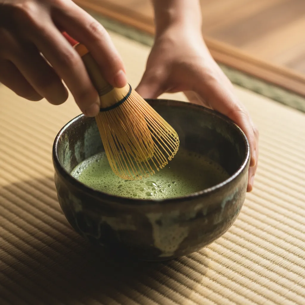Hands whisking matcha in a dark ceramic chawan bowl with bamboo chasen